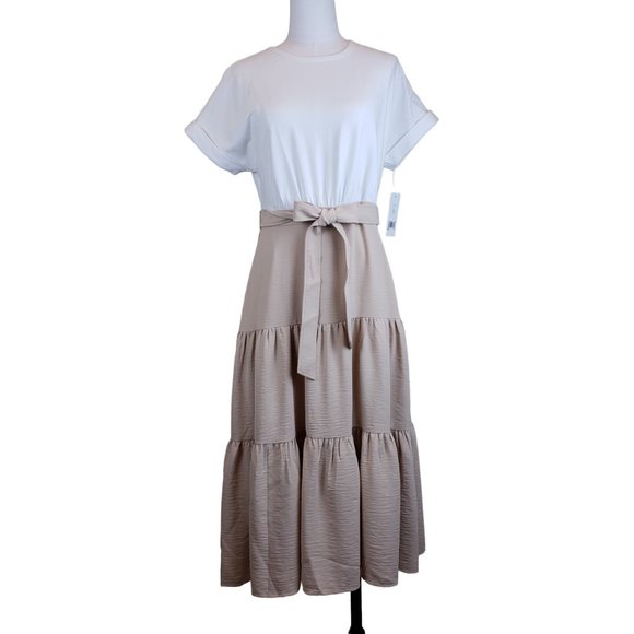 Donna Morgan Dresses & Skirts - Donna Morgan Fitted Tiered Skirt Midi Dress Cotton Poly Dress Beige Size 8